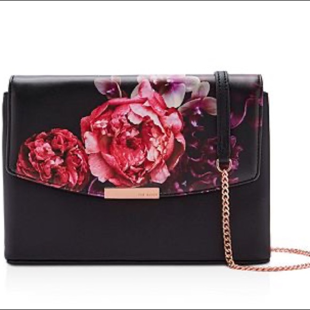 Ted Baker Viickky Splendour Floral Print Faux Leather Crossbody chain Bag Black